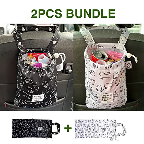 Flock Three 2Pcs Hanging Car Trash Bag Collapsible Small Waterproof Auto Trash Can W/Velcor Cute Polyester Bag For Automotive Front-Seat Headrest 5 Liters (Bnw Cat) #TOP1