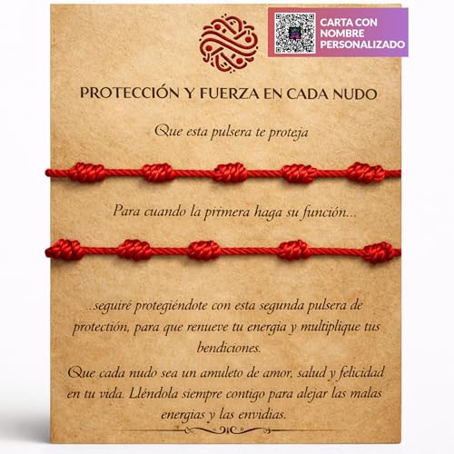 Q NO TE FALTE DE NA®️ 2 Pulseras Rojas de Protección | Pack con Tarjeta y Sobre | Hilo Rojo Ajustable para Suerte y Buena Energía | Carta Personalizable con QR | Con Certificado REACH