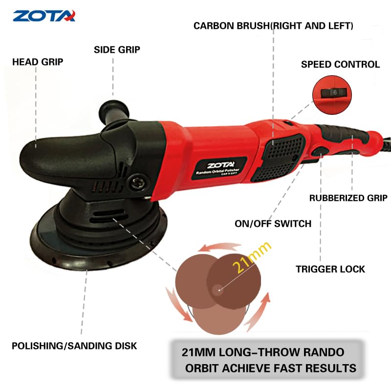 Image of ZOTA Car Bufer, 6 inch 900W buffer polisher,21mm Long-Throw random orbital polisher buffer with 6 Variable Speed 2000-4800rpm car buffers and polishers kit for Car Boat Polishing and Waxing