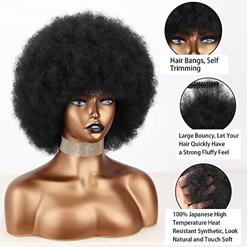 Xinran Short 70S Afro Wigs For Black Women, Large Synthetic Black Short Afro Wig 70'S, 8 Inches 60S Afro Wig For Women Bouncy And Soft Natural Looking(Black) #TOP3