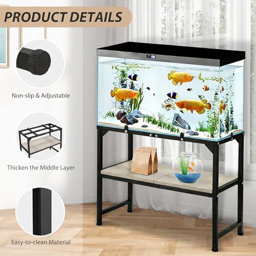 Image of 10-20 Gallon Fish Tank Stand, Metal Aquarium Stand with Adjustable Non-Slip Foot and Wooden Shelf, Reptile Tank Stand Easy to Assemble for Home Office, Firm and Steady(Tank not Included)