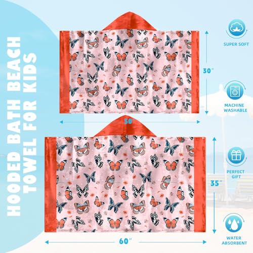 Image of Butterfly Print Girls Beach Towel with Hoodie for Kids Toddlers Age 4-8, Colorful Bath Towels Shower Wrap for Girls, Hooded Poncho Beach Blanket for Pool Swimming Cute Wearable Bath Towel for Child