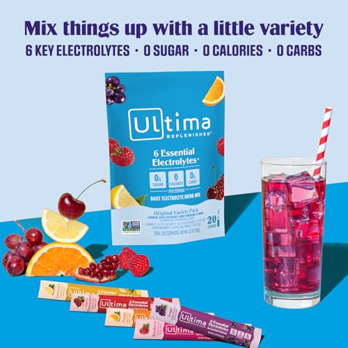 ultima replenisher daily electrolyte powder drink mix  sugar free  original variety 20 stickpacks  hydration packets with 6 electrolytes and minerals  keto friendly vegan non-gmo