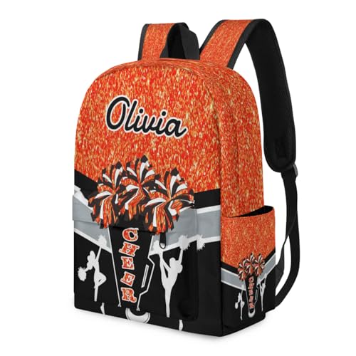 Custom Cheer Backpack for Women Cheerleaders, Personalized Waterproof Casual Daypack Bag with Name for Camping Hiking, Orange Glitter Shoulder Bag3