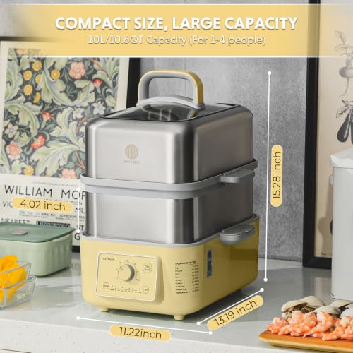 Image of BUYDEEM G52 10.6Qt Electric Food Steamer for Cooking, Mellow Yellow | 1-4 People, 2-hour Keep Warm, 7 Preset Timings, Dual Boil-Dry Protection, Stainless Steel, Glass Lid, 2 Tier