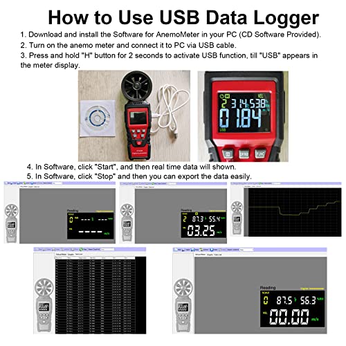 Handheld Anemometer Digital Wind Speed Meter With Usb, Lcd Color Display Measures Wind Speed Humidity Temperature, Air Flow Volume, Dew Point Temperature For Hvac Vents, Boat Sailing, Shooting Ht625B #TOP3