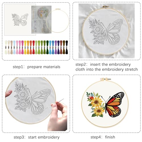 Image of INFUNLY 4 Sets Butterfly Embroidery Starter Kit for Beginners Flower Stamped Cross Stitch Kits with Instructions for Beginners Adults Include Embroidery Hoop Threads and Needles