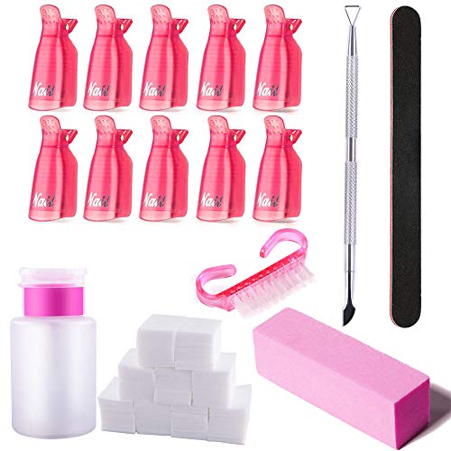 Gel Nail Polish Remover Tools Kit 900 Pcs Cotton Pads with Nail Clips Nail File Nail Brush Cuticle Pusher Gel Polish Remover Pump Bottle Manicure Tools Set