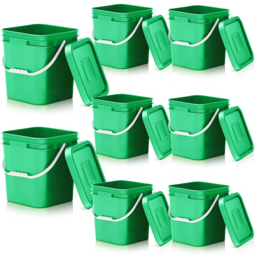 Image of Mumufy 8 Pcs 3.5 Gallon Square Food Grade Bucket with Lid Square Bucket Pail Plastic Handles for Long Term Food Storage, Camping, Fishing, Home Organization Easy Stack and Store (Green)