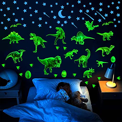 Pegatinas de Pared Dinosaurios Fluorescente, Adhesivos de Pared Decorativo de Luna Estrellas Luminosas, Vinilos Infantiles...