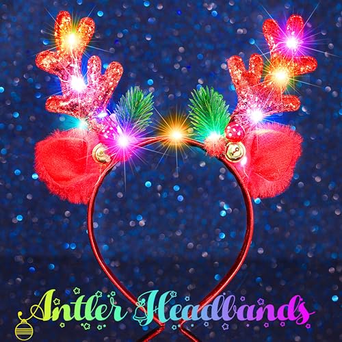 Fashband Christmas Headbands Light Up Deer Antlers Headband LED Glitter Reindeer Antlers Xmas Headpiece Holiday Hair Accessories for Women(Red) - Image 2