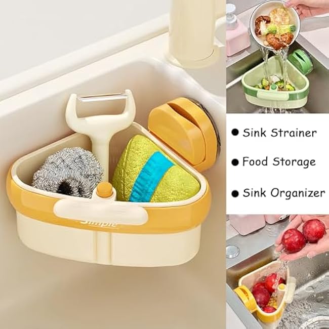2025 Upgraded Corner Sink Strainer, Sink Storage Rack Holder, Suction-Cup Sink Strainer Shelf for Kitchen Bathroom Corner Sink, Sink Drain Strainer Basket for Food Waste