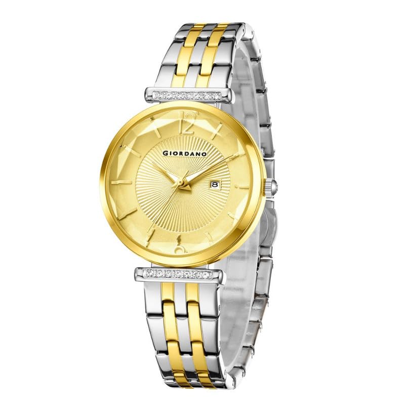 Giordano Exquisite Analog Watch for Women with Round Cut Glass Textured Dial, Stainless Steel Strap and Date Display