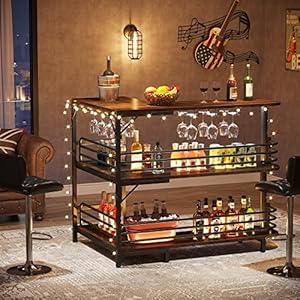 Tribesigns L Shaped Home Bar Unit 3 Tier Liquor Bar Table with Storage Shelves and Wine Glasses Holder Industrial Corner Wine Bar Cabinet Mini Bars for Home Kitchen Pub Rustic Brown