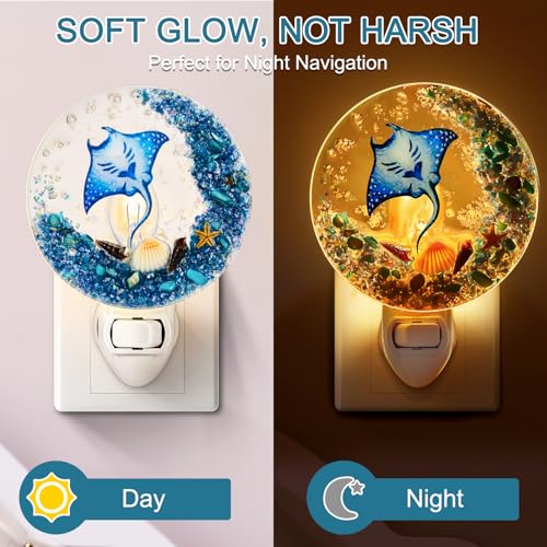 Image of Hortsun Plug in Seashell Night Light Ocean Sea Animal Decorative Night Light Plug in Beach Lamps Vintage Ocean Lamps for Adult for Home Bedroom Living Room Bathroom Wall(Manta Ray)