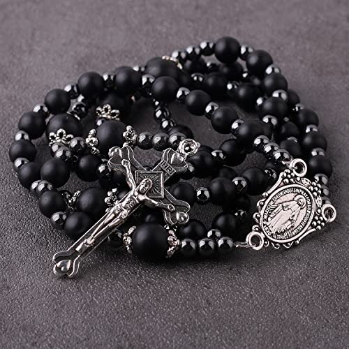 HanlinCC 6mm Black Glass Beads with 4mm Hematite Black Stone Beads Rosary Necklace with Miraculous Center piece and Crucifix pack in Velvet Gift Bag for Men and Women2
