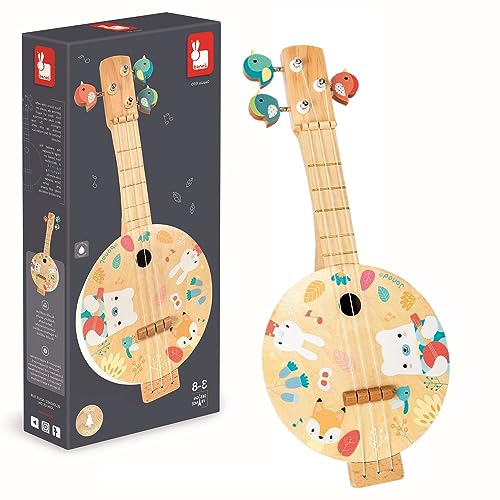 Janod - Wooden Pure Banjo - Printed with Pretty Illustrations, Water Based Paint - Bird-Shaped Tuning Keys - Imitation Toy - 3 Spare Cords - Banjo for Children - from 3 Years Old, J05160