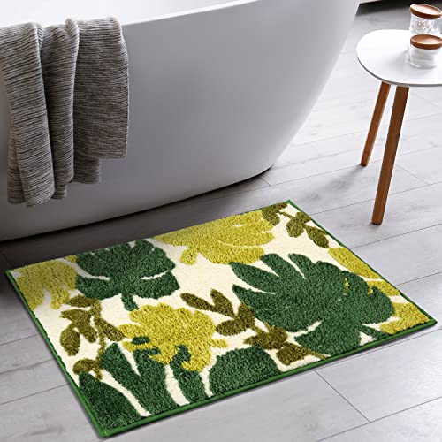 Hi Space Small Bath Mat Non Slip Bath Rugs Green Monstera Leaf Machine Washable Cute Bathtub Mat For Kids Water Absorbent Plush Shaggy Carpet Thick Bathroom Rug Microfiber Door Mat 16"X24"(40×60Cm) #TOP1