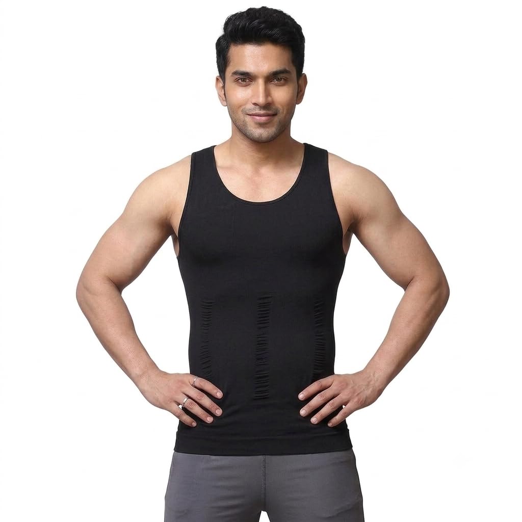 Men’s Slimming Body Shaper Vest | Tummy Control Compression Shirt | Stretchable Abdomen Slimming Innerwear | White/Black-image-49
