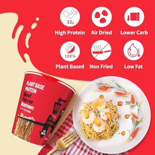 Image of Hethstia High-Protein(32g) Ramen Cup, 6-Pack Protein Noodles Spicy Beef Flavor - 32g Plant Protein, Veggie Friendly, Low Fat, Non-GMO, Non-Fried, Savory Healthy Noodle Beef Broth