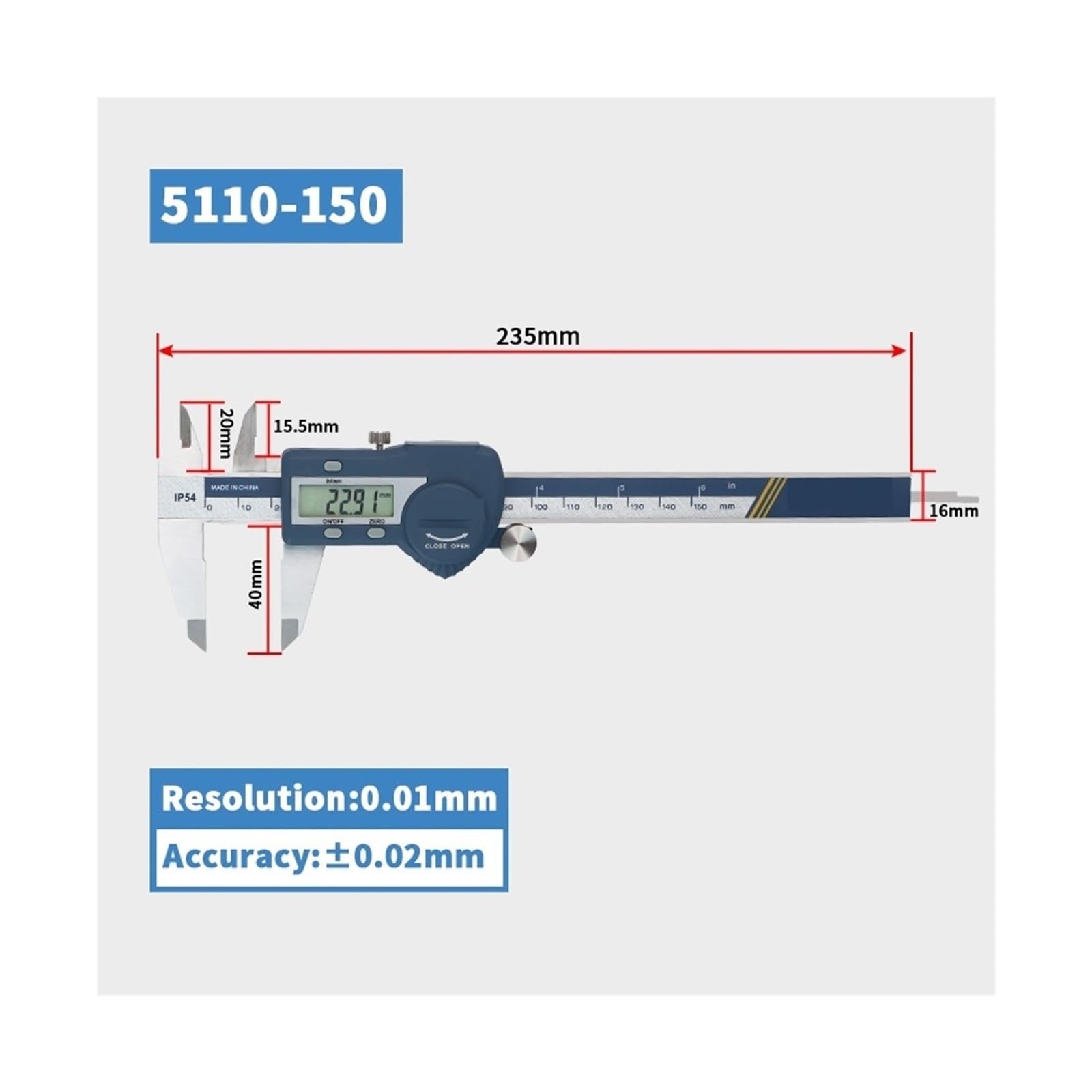 Suwmiarka cyfrowa IP54 Suwmiarka cyfrowa 150 mm suwmiarka elektroniczna linijka cyfrowa suwmiarka noniusz suwmiarka cyfrowa suwmiarka ze stali nierdzewnej 150 mm (5110-150)