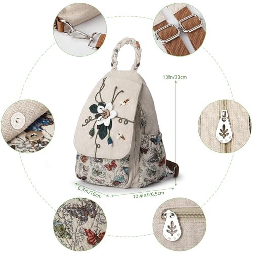 Image of Ladys Convertible Sling Bag, Hand Craft Artisan Purse, Girls Beautiful Canvas Premium Casual Day Mini Backpack for Women (Flower Bee)