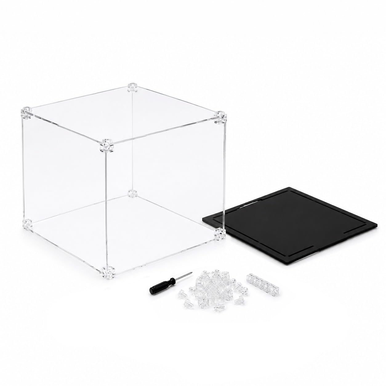 Caja de Metacrilato Transparente con Tapa Negra 30x30x30 cm – Contenedor Acrílico Multiusos para Exposición, Almacenaje, Tiendas y Decoración - Montaje Sencillo, Incluye Material de Montaje