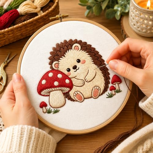 Image of Nuberlic Embroidery Kit for Beginners Stamped Hedgehog Needlepoint | Stamped Animal Embroidery Starter Kit for Adults Complete Cross Stitch Kit Home Decor, Gifts And Relaxing Art