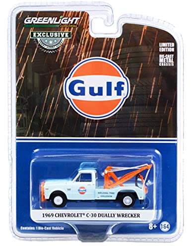 Greenlight Collectible 1969 Chevy C-30 Dually Wrecker Tow Truck Gulf Oil Light Blue Welding Tire Collision Hobby Exclusive 1/64 Diecast Model Car by Greenlight 30275