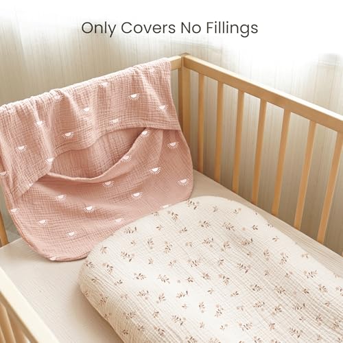 Image of Konssy Muslin Baby Lounger Cover 2 Pack, 100% Cotton Newborn Lounger Cover, Soft and Breathable Baby Nest Slipcover for Boys Girls (Pink Sun,Khaki Leaf)