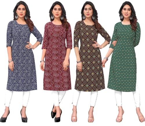 Image of JAKHANA Women's Crepe Printed Casual Straight Calf Length Round Nick Kurta Pack of 4