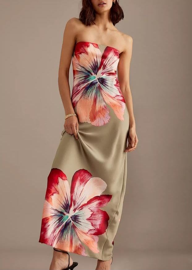 Image of Women Y2k Strapless Maxi Dress Floral Print Tube Long Dress Boho Beach Sundress Going Out Streetwear