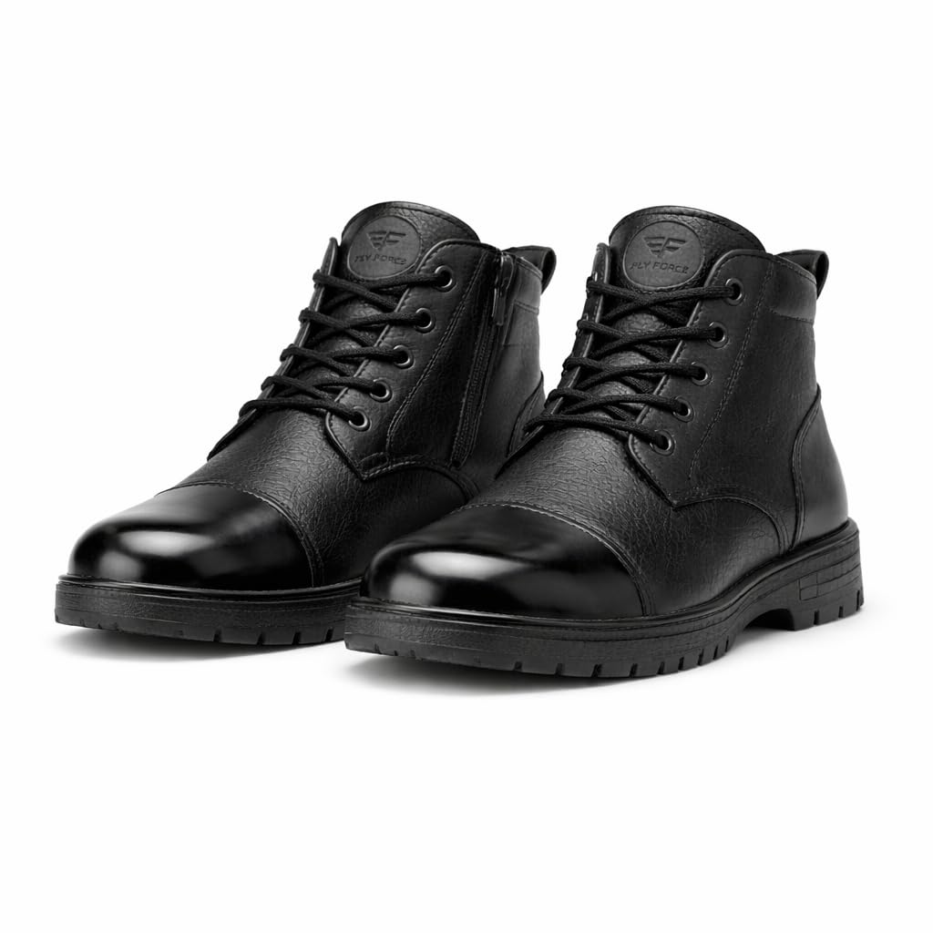 Leather Boots for Men, Black Formal Ankle Boots with Side Zipper, Lace-Up Cap Toe Design, Rubber Sole