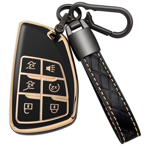 Kespevn for Chevy Key Fob Cover with Keychain Soft TPU Key Case Shell Holder Fits for 2021 2022 2023 Chevrolet Suburban Tahoe Silverado 1500 for GMC Yukon Sierra for Buick Encore 6 Button (A Black)