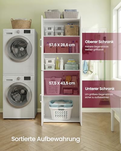 VASAGLE Mehrzweckschrank, mit 4 Türen, 5 Ablagen, Büroschrank, Aufbewahrungsschrank, Kleiderschrank, mit Griffen, Holzspanplatte, 60 x 40 x 180 cm, schneeweiß OFC091WE01
