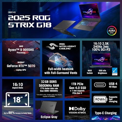Image of ASUS ROG Strix G18 Gaming Laptop, 18 inch 2.5K (2560x1600, WQXGA) 16:10 Display, AMD 16core Ryzen 9 9955HX, RTX5070, 32GB DDR5 RAM 1TB SSD, WiFi6E, Backlit KB, Win11, Eclipse Gray, w /Mouse, W /GaLiMu