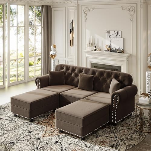 Image of KEIKI 83 inch Velvet Chesterfield Sofa with Rolled Arms & Nailhead Trim & 2 Ottoman, Modern 3-Seater Button Tufted Couch with High Resilience Cushion & 3 Pillow, Easy Assembly, for Living Room, Brown