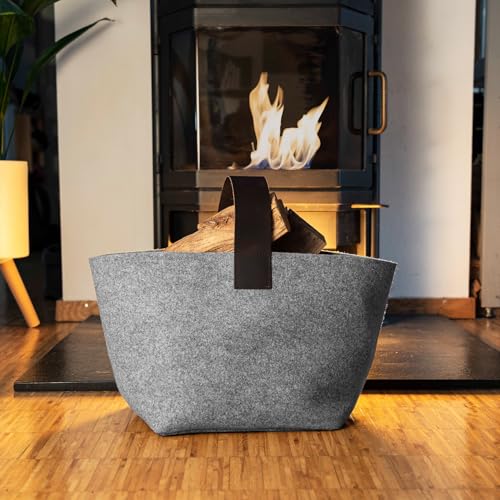 Panier à bois de cheminée en feutre rPET et cuir véritable haut de gamme