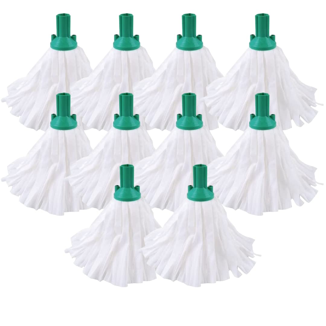 Avern Exel Mop Heads BIG White Push Socket Fit Mop Heads (Pack Of 10) Disposable Super Absorbent Heavy Duty Mops - Colour Coded - Robert Scott (Green (10 Pack))