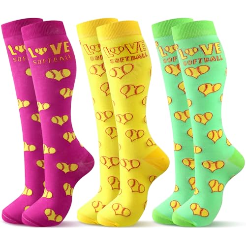Silicherry 3 Pair Softball Socks for Girls Athletic Knee High Softball Socks for Youth Women Birthday Sport Party Gift(Heart)