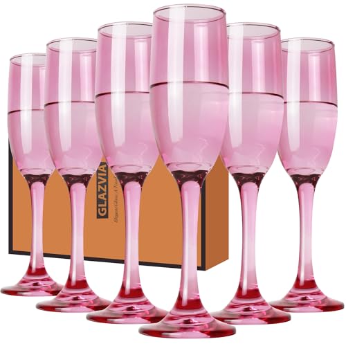 GLAZVIA Champagne Flutes Glasses Set of 6-6oz Elegant Pink Glass, Unique Pink Colored Long Stem Champagne Flute Gift for Wedding, Anniversaries, Parties, Birthday, Restaurant, Home Bar