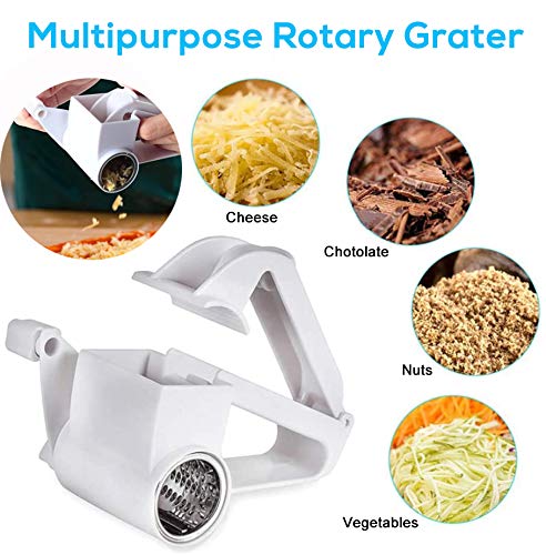 Rotary Cheese Graters, Manual Handheld Cheese Cutter with Stainless Steel Drum, Hand Crank Kitchen Tool for Grating Hard Cheese, Chocolate, Nuts and More (White)