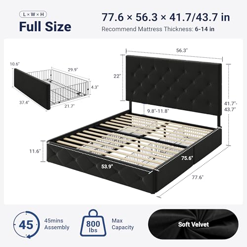 Image of Allewie Upholstered Full Size Platform Bed Frame with 4 Storage Drawers and Adjustable Headboard, Diamond Button Tufted, Wooden Slats Support, Noise-Free, No Box Spring Needed, Easy Assembly, Black