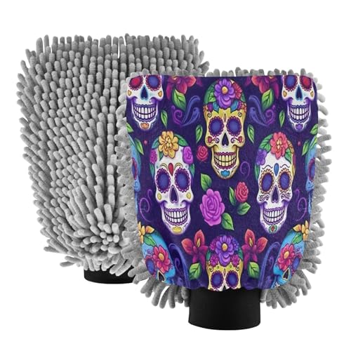 Flradish 2 Pack Skull Flower Car Wash Mitt Chenille Microfiber Lint-Free Scratch Free Ultra-Soft Absorbent Car Wash Mitt 10.2x7.09 Inch
