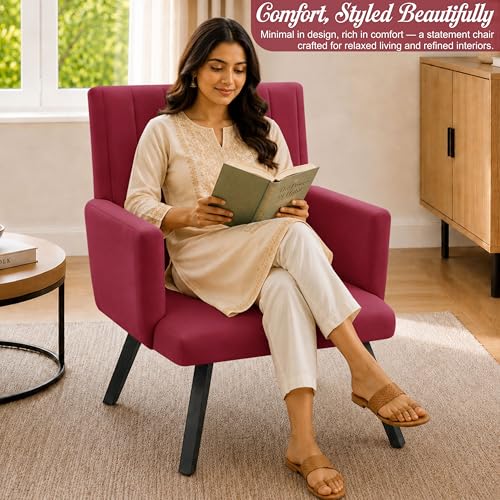Image of Rosebell Modern Accent Chair for Living Room | Single Seater Chair with Armrests & Metal Legs | Comfortable Lounge Chair for Bedroom, Reading & Office | Red