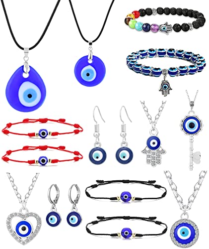 SONNYX 16Pcs Evil Eye Necklace Pendent for Women Men Leather Rope Hamsa Hand Pendant Evil Eye Earrings Protection Bracelet Jewelry Set Evil Eye Charms Friendship Gift