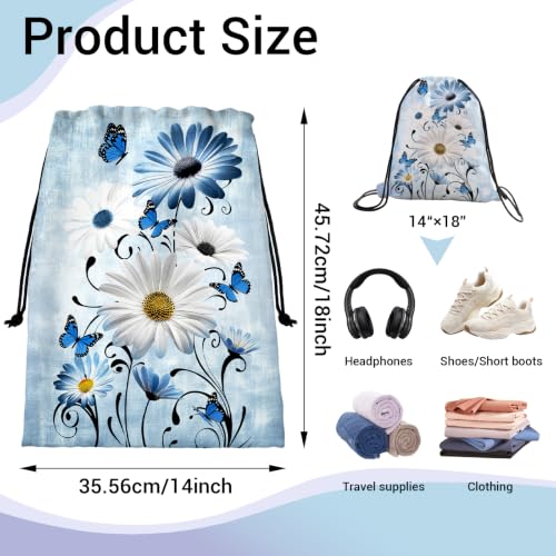 Image of Drawstring Storage Pouch Daisy Flowers Blue Cloth Shoe Bags for Gym Party Picnic