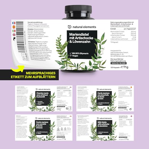 natural elements Mariendistel Artischocke Löwenzahn Komplex - 120 Kapseln - Hochdosiert mit 80% Silymarin - Ohne Magnesiumstearat, vegan und produziert in Deutschland