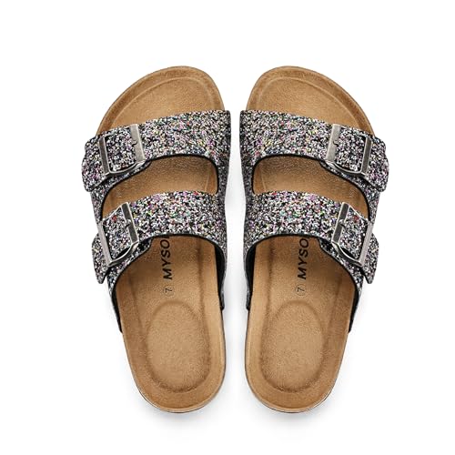 Image of mysoft Womens Flat Sandals Cork Footbed Slides with 2 Straps | Adjustable Buckle Slip On Comfortable Casual Light Weight Summer sandals