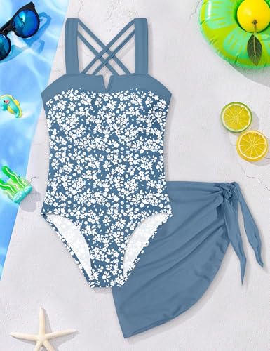 Image of Shallmu Girls One Piece Swimsuits Color Block Dual Crossback Straps with Cover Up Skirt Girl's Swimwear 9-16Y